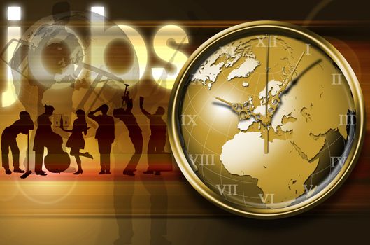 background with silhouettes of men at work, globe-shaped clock and writing jobs