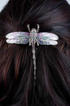 Woman coiffure with dragonfly hairpin close up