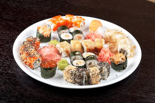 view of closeup japanese sushi set at plate