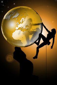 background with silhouette of free-climbing that ladder with a globe and starry sky sunset