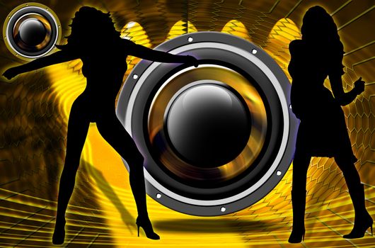 Two silhouettes of dancers in a nightclub, spotlights and woofer