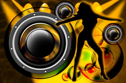 Sexy silhouette of a dancer in a nightclub, spotlights and woofer