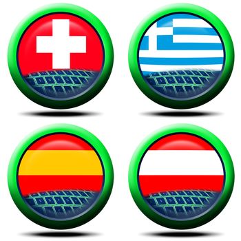 4 icons with the flag of Italy, Switzerland, Greece, Spain, Austria