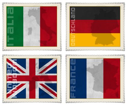 4 European flags on stamps: Italian, German, English and French