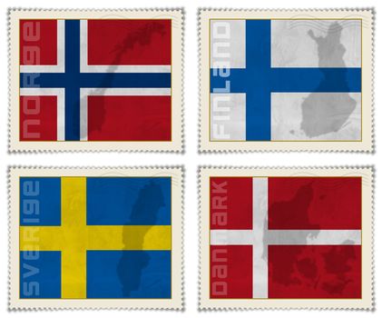 4 European flags on stamps: Norway, Sweden, Finland, Denmark