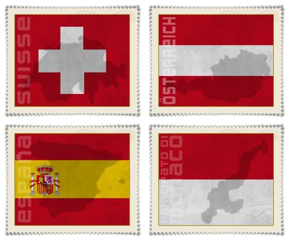 4 European flags on stamps: Österreich, España, Monaco, Suisse