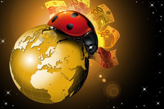 Lucky ladybug on the golden globe, with money and space star
