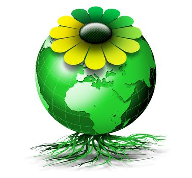 Organic green globe with colored petals and roots