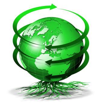 Green terrestrial globe bio with arrows of rotation and roots