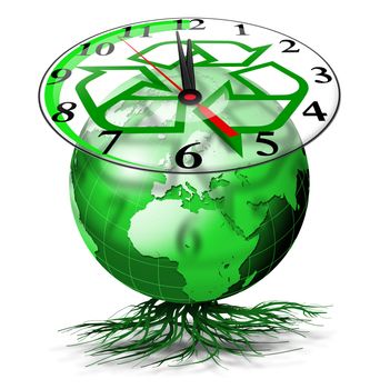 Green terrestrial globe with roots and clock with symbol of the I recycle