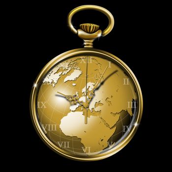 Illustration of gold watch pocket with globe