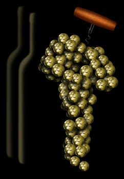 Cluster of white grape with grapes to form of planet, stylized bottles and corkscrew