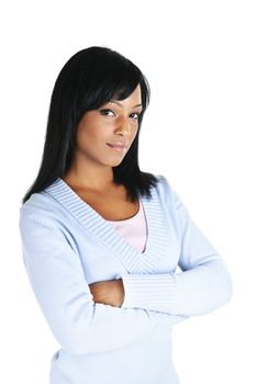 Serious black woman with arms crossed isolated on white background