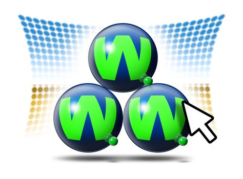 Illustration of three spheres in 3d www symbol and arrow cursor