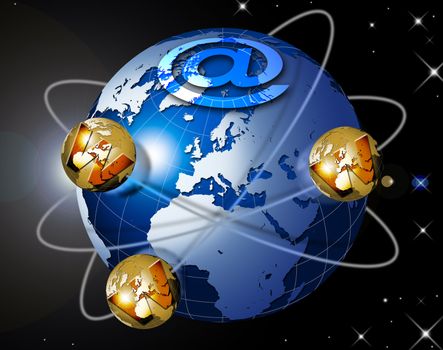 Illustration symbol www and internet with blue terrestrial globe, planets and stars