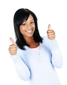 Smiling black woman giving thumbs up gesture isolated on white background