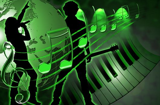 Illustration of background rock music, with a silhouette of a singer and guitarist, globe, musical stave and piano keyboard