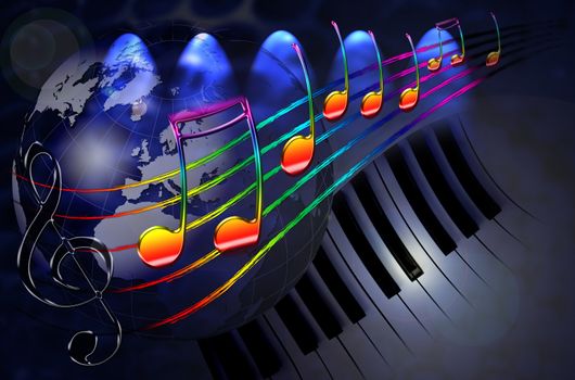 Illustration of background music with a globe, musical staff, notes and piano keyboard