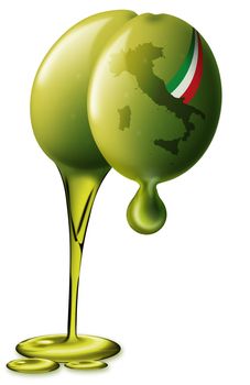Illustration of 2 green olives with Italian territory shape and flag drops of oil and oil flow