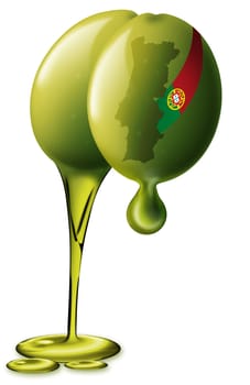 Illustration of 2 green olives with shape in Portugal and the flag drops of olive oil and oil flow