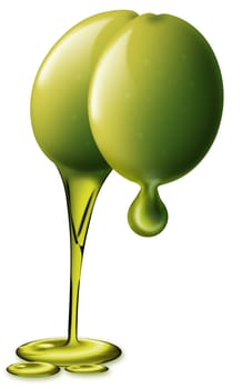 Illustration of 2 green olives, drop of oil and flow of oil