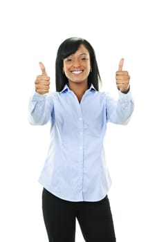 Smiling black woman gesturing thumbs up isolated on white background