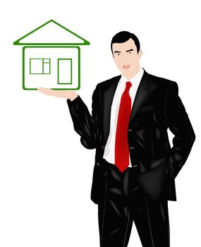 The successful businessman holds in a small green small house on a white background
