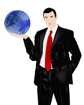The successful businessman holds in a hand globe on a white background
