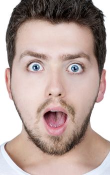 Young blonde man with blue eyes surprised, isolated