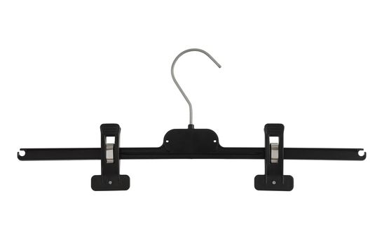 Plastic black pants hanger with pegs isolated on white background