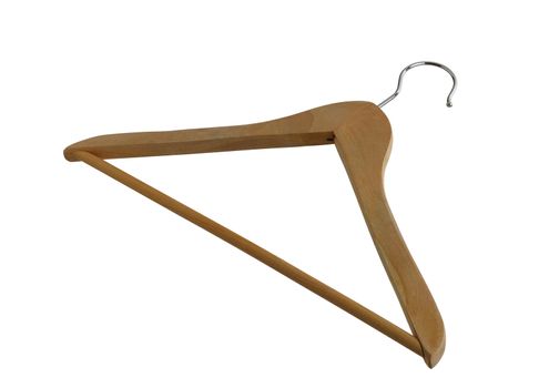 Simple wooden closet hanger with metallic hook isolated on white background