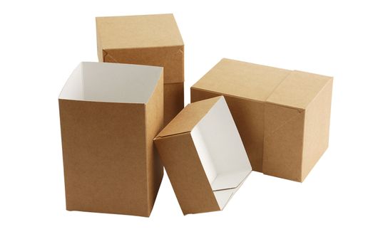 Three simple brown carton boxes one opened and other two closed on white background with shadow