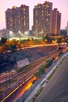 City and train rail, sunset moment