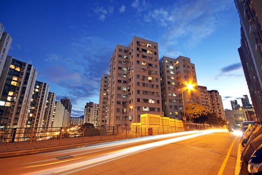 Modern Urban City with Freeway Traffic at Night, hong kong