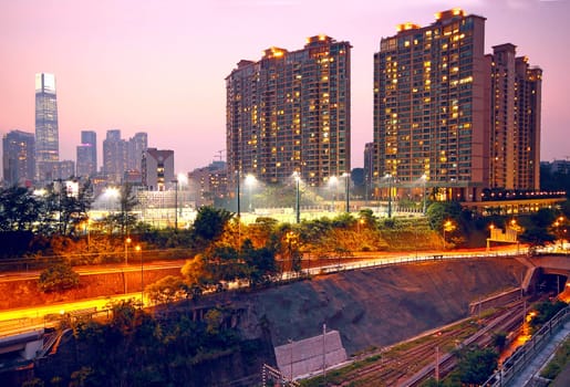 sunset in downtown city