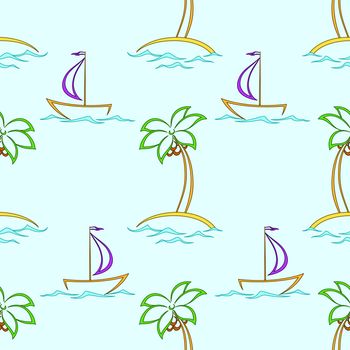 seamless background, contours: sea, islands with palm trees and sailing ships