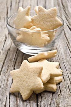 Sugar coated shortbread cookies in star shapes stacked up