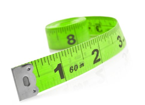 Tape measure on a white background with space for text