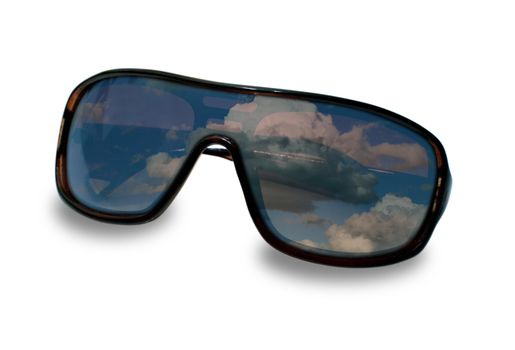 Sunglasses with summer blue sky reflection on White Background