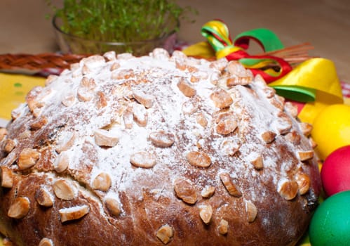 Typical Czech Easter Cake With Almonds With Painted Easter Eggs
