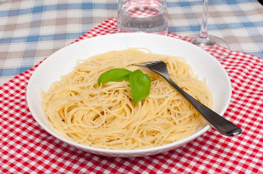 Spaghetti With Basil Served on Red Gingham Tablecloth