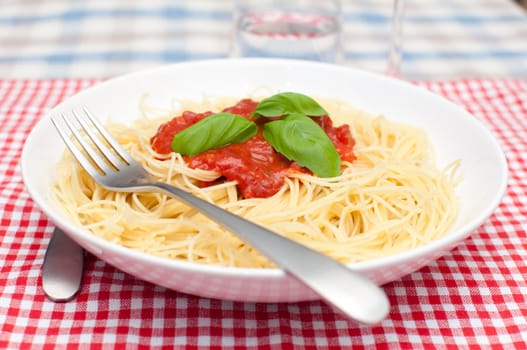 Spaghetti Bolognese With Basil Served on Red Gingham Tablecloth