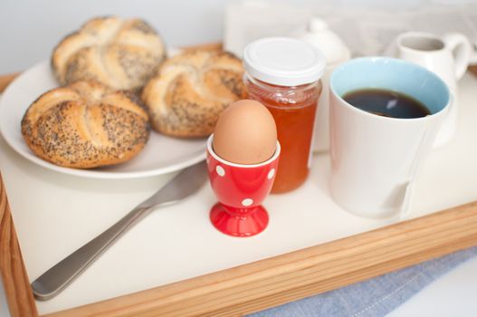 Breakfast on Server - Hard Boiled Egg, Tea, Rolls, Apricot Jam