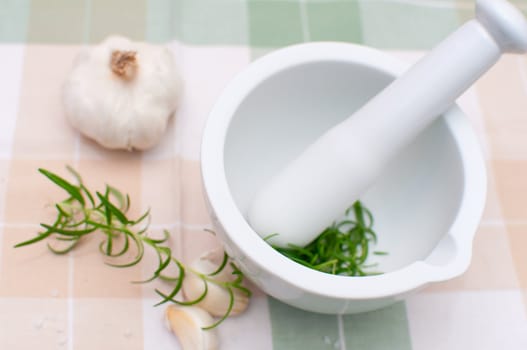 Preparation of marinade in Mortar - Salt, Rosemary and Garlic