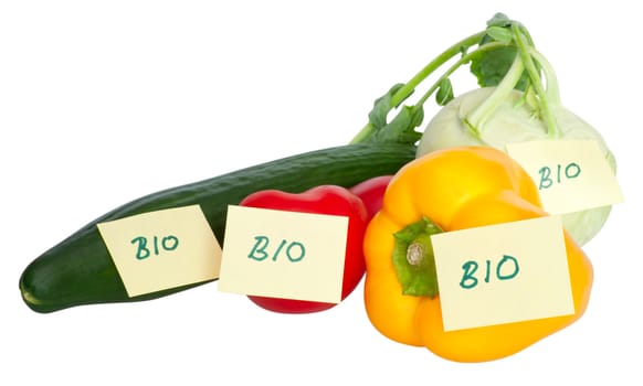 Vegetables With Bio Labels - Cucumber, Tomatoes, Pepper and Kohlrabi With Clipping Path - Isolated on White