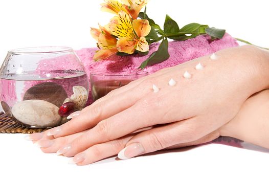 Woman hands with cream on spa treatment