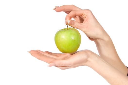 Woman hands holding green apple over white