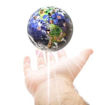An abstract conceptual montage of a hand holding up the earth filled with people of all different races nationalities and background.  Great for social media and communications concepts.