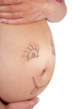 Smile on pregnant woman tummy isolated on white