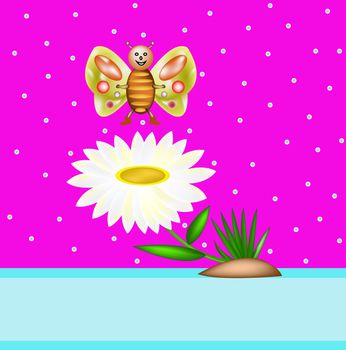Children's illustration with the butterfly and a flower on a pink background